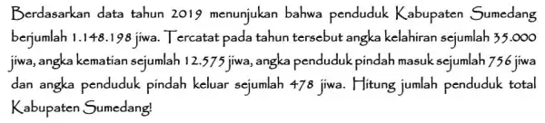 Berdasarkan data tahun 2019 menunjukan bahwa penduduk Kabupaten Sumedang berjumlah 1.148.198 jiwa. Tercatat pada tahun tersebut angka kelahiran sejumlah 35 .000 jiwa, angka kematian