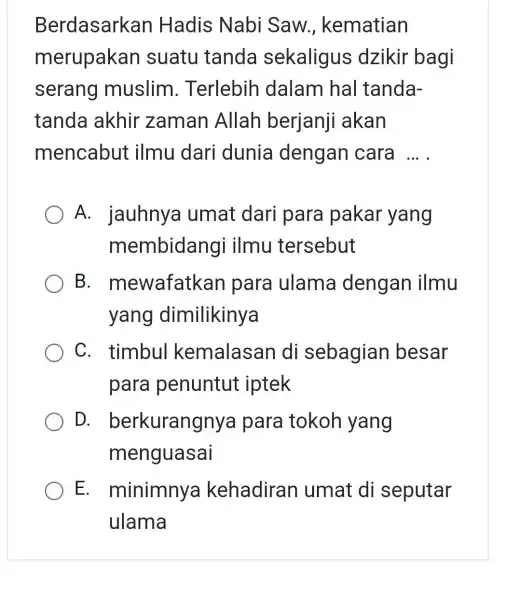 Berdasarkan Hadis Nabi Saw., kematian merupakan suatu tanda sekaligus dzikir bagi serang muslim . Terlebih dalam hal tanda- tanda akhir zaman Allah berjanji akan