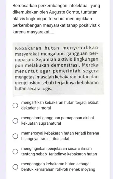 Berdasarkan perkembangan intelektual yang dikemukakan oleh Auguste Comte , tuntutan aktivis lingkungan tersebut menunjukkan perkembangan masyarakat tahap positivistik karena masyarakat __ Kebakarar I hutan