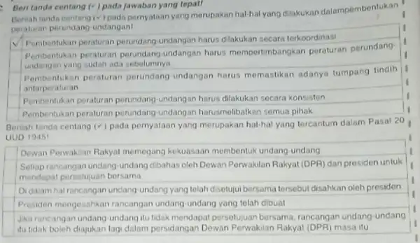 Beri tanda centang (surd ) pada jawaban yang tepat! Boniah randa centang iv)pada pernyataan yang merupakan hal-hal yang dilakukan dalampembentukan peraturan perundang-undangan! Pembentukan peraturan