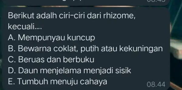 Berikut adalh ciri-ciri dari rhizome, kecuali. __ A. Mempunya u kuncup B. Bewarna coklat, putih atau kekuningan C. Beruas dan berbuku D. Daun menjelama