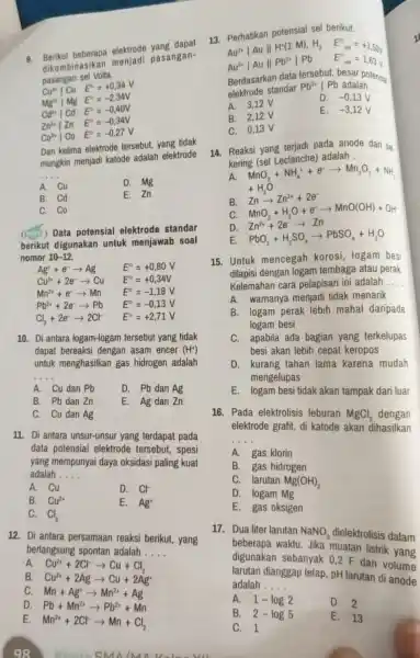 a. Berikut beberapa elektrode yang dapat ditembinasikan menjadi pasangan- pasangan sel Volta. Cu^2nvert CuE^0=+0,34V Cu^2+vert MgE^circ =-2,34V Cd^2,vert CdE^circ =-0,40V Cn^2+vert ZnE^circ =-0,34V Co^2+vert