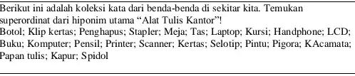 Berikut ini adalah koleksi kata dari benda-benda di sekitar kita. Temukan superordinat dari hiponim utama "Alat Tulis Kantor"! Botol; Klip kertas; Penghapus ; Stapler;