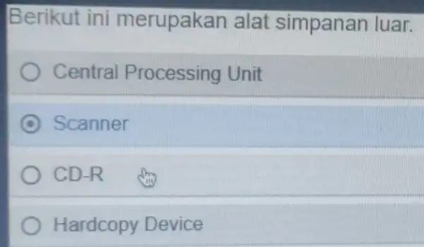 Berikut ini merupaka n alat simp anan luan. Central P rocessing Unit C Scanner CD-R Hardcopy Device