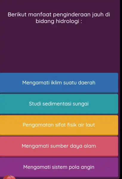 Berikut manfaat pengindera an jauh di bidang hidrologi : Mengamati iklim suatu daerah Studi sedimentasi sungai Pengamatan sifat fisik air laut Mengamati sumber daya