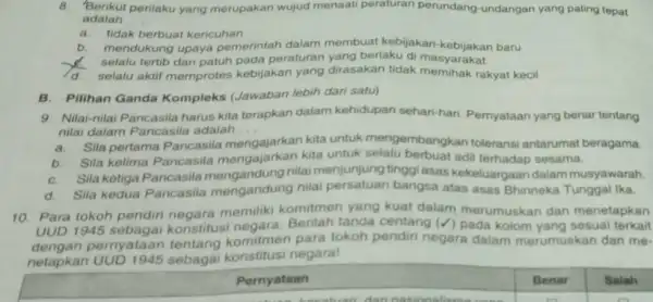 Berikut perilaku yang merupakan wujud menaati peraturan perundang-undangan yang paling tepat adalah __ a. tidak berbuat kericuhan b. mendukung upaya pemerintah dalam membuat kebijakan