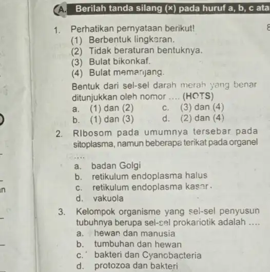 Berilah tanda silang (x)pada huruf a, b , c ata 1. Perhatikan pernyataan berikut! (1) Berbentuk lingkaran. (2) Tidak beraturan bentuknya. (3) Bulat bikonkaf.