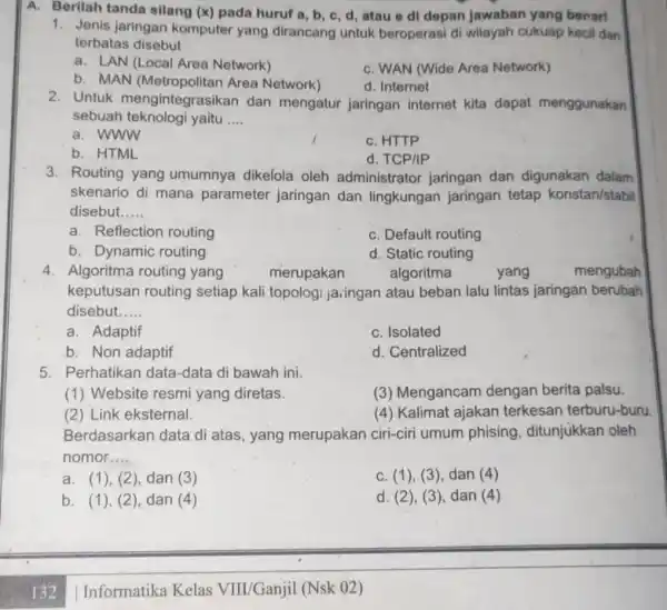 A. Berllah tanda silang (x) pada huruf a, b ,c, d, atau e di depan jawaban yang benar! 1. Jenis jaringan komputer yang dirancang