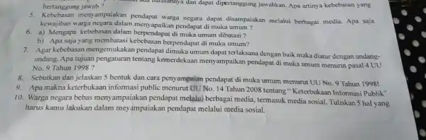 bertanggung jawab? ) Shanhah ada batasanny?dan dapat dipertanggung jawabkan. Apa artinya kebebasan yang 5. Kebebasan meny ampaiakan warga negara dapat disampaiakan melalui berbagai media.