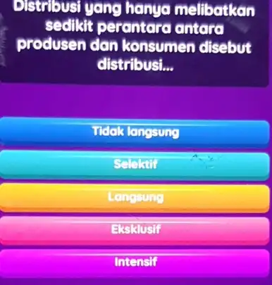 bistribusi yang hanya melibatkan sedikit perantara antaro produsen dan konsumen disebut distribusi __ Tidak langsung Selektif Langsung Eksklusif Intensif