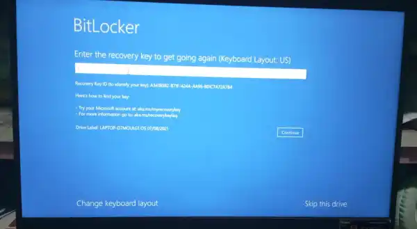 BitLocker Enter the recovery key to get going again (Keyboard Layout US) Recovery Key ID (to identify your key): A3418982 -B71F-A2AA -AA96-B0IC7A72A7B4 Try your