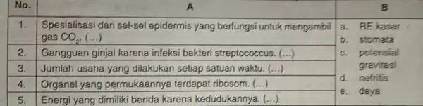 B No. A 1. Spesialisasi dari sel-sel epidermis yang berfungsi untuk mengambil gas CO_(2) (...) 2. Gangguan ginjal karena infeksi bakteri streptococcus. (...) 3.