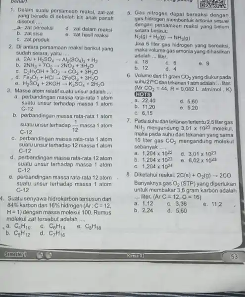 bonarl 1. Dalam suatu persamaan roaks zat-zat yang berada di sebelah kiri anak panah disebut __ a. zat pereaksi b. zat sisa d. zat