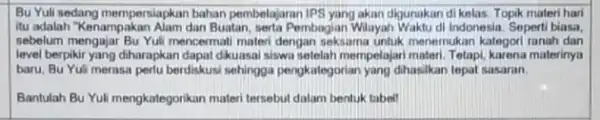 Bu Yuli sedang mempersiapkan bahan pembelajaran IPS yang akan digunakan di kelas Topik materi hari Itu adalah "Kenampakan Alam dan Buatan, serta Pembagian Wilayah