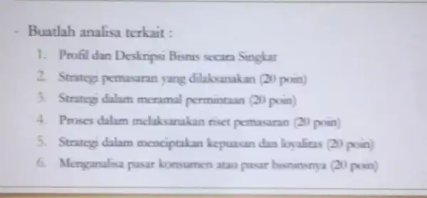 Buatlah analisa terkait : 1. Profil dan Deskripsi Bisnis secara Singkat 2. Strategi pemasaran yang dilaksanakan (20)poin) 3. Strategi dalam meramal permintaan (20 poin)