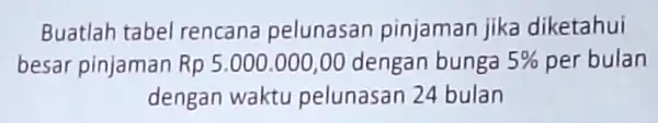 Buatlah tabel rencana pelunasan pinjaman jika diketahui besar pinjaman Rp5.000.000,00 dengan bunga 5% per bulan dengan waktu pelunasan 24 bulan