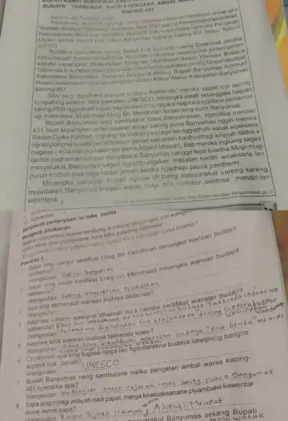 BUDAYA "TAKBENDA"NALIKA UPACARA AMBAL W KAPING-451 Selasa 22 Fobruari 2022 Selasa. 22 Fobruar Warisan Budaya "TakBenda Indonesia Taun 2021 saking Kementrian Pendidikan, Wakerto. Bupati