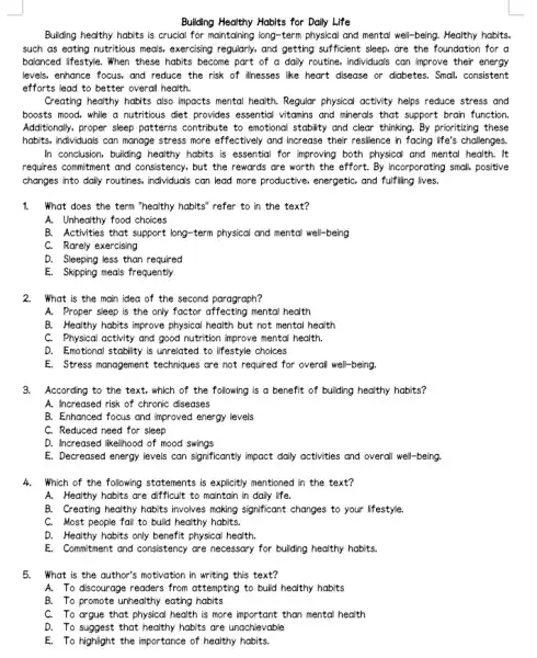 Building Healthy Habits for Daily Life Building healthy habits is crucial for maintaining long-term physical and mental well-being . Healthy habits, such as eating
