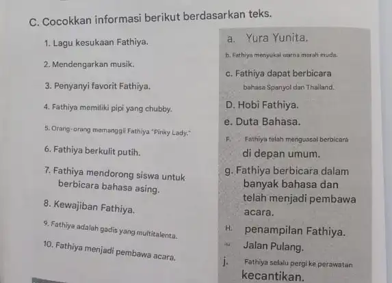 C. Cocokkan informasi berikut berdasarkan teks. 1. Lagu kesukaan Fathiya. 2. Mendengarkan musik. 3. Penyanyi favorit Fathiya. 4. Fathiya memiliki pipi yang chubby. 5.