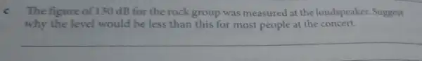 C The figure of 130 dB for the rock group was measured at the loudspeaker.Suggest why the level would be less than this for
