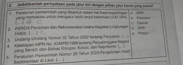 c Jodohkanlah pernyataan pada jalur kiri dengan pilhan jalur kanan yang sesuai! 1. Peraturan pemerintah yang dibentuk dalam hal ihwal kegentingan yang memaksa untuk