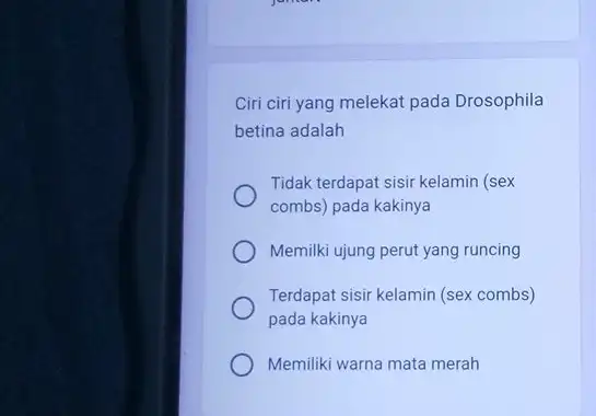 Ciri ciri yang melekat pada Drosophila betina adalah Tidak terdapat sisir kelamin (sex combs) pada kakinya Memilki ujung perut yang runcing Terdapat sisir kelamin