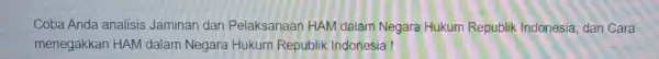 Coba Anda analisis Jaminan dan Pelaksanaan HAM dalam Negara Hukum Republik Indonesia; dan Cara menegakkan HAM dalam Negara Hukum Republik Indonesia!