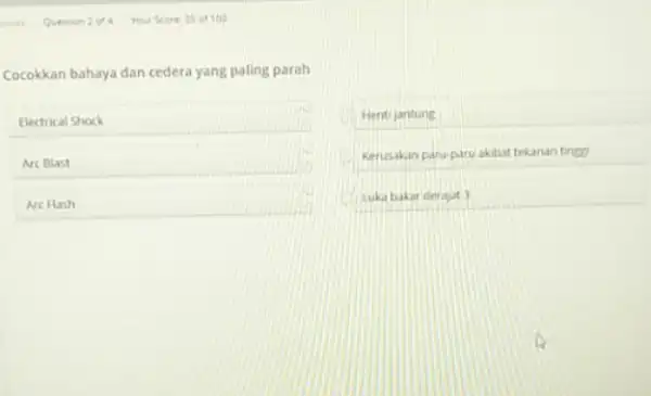 Cocokkan bahaya dan cedera yang paling parah Electrical Shock Are Blast Arc Hash Hent jantung Kerusakan paru-paru akibat tekarian tiner? I square