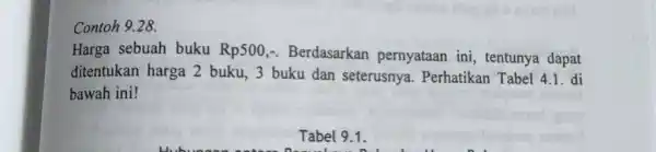 Contoh 9.28. Harga sebuah buku Rp500 .. Berdasarkan pernyataan ini tentunya dapat ditentukan harga 2 buku, 3 buku dan seterusnya . Perhatikan Tabel 4.1