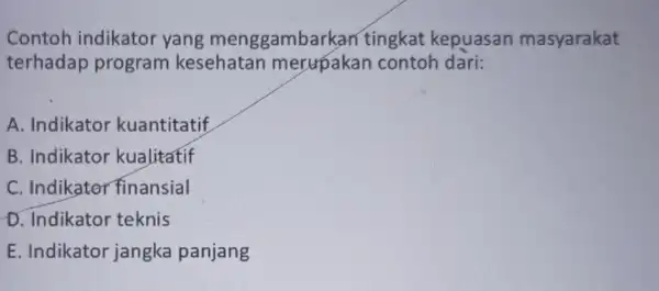 Contoh indikator yang menggamb arkan tingkat kepuasan masyarakat terhadap program kesehatan merupakan contoh dari: A. Indikator kuantitatif B. Indikator kualitatif C. Indikator finansial D.