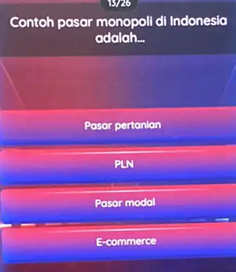 Contoh pasar monopoli di Indonesia adalah __ Pasar pertanian Pasar modal E-commerce