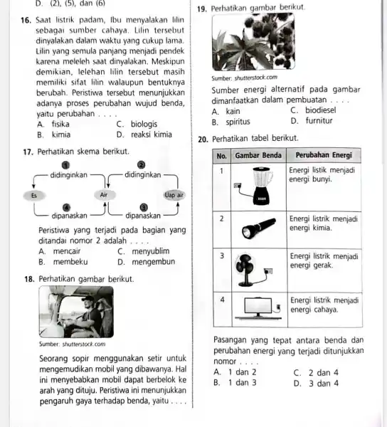 D. (2), (5), dan (6) 16. Saat listrik padam, Ibu menyalakan lilin sebagai sumber cahaya. Lilin tersebut dinyalakan dalam waktu yang cukup lama. Lilin