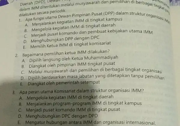 Daerah (DPD), Dewan me ai tinginging dalam MM ditentukan melalui musyawarah dan pemilihan di berbagai tingkat yang dilakukan secara periodik. utama Dewan Pimpinan Pusat