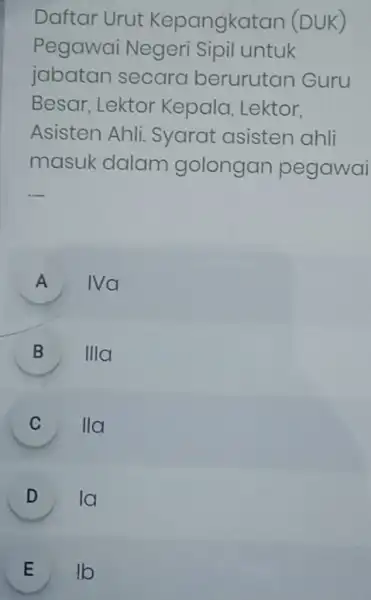 Daftar Urut Kepangka tan (DUK) Pegawai Negeri Sipil untuk jabatan secara berurutan Guru Besar, Lektor Kepala, Lektor, Asisten Ahli.Syarat asisten ahli masuk dalam golongan