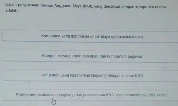 Dalam penyusunan Rincian Anggaran Biaya (RAB), yang dimaksud dengan komponen utama adalah __ Komponen yang digunakan untuk biaya operasional harian. Komponen yang terdiri dari