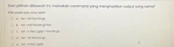 Dari pilihan dibawah ini, manakah command yang menghasilkan output yang sama? Pilih salah satu atau lebih: D a. tar-xzi foo.tar,gz b. tar-czi foo.tar.gz foo