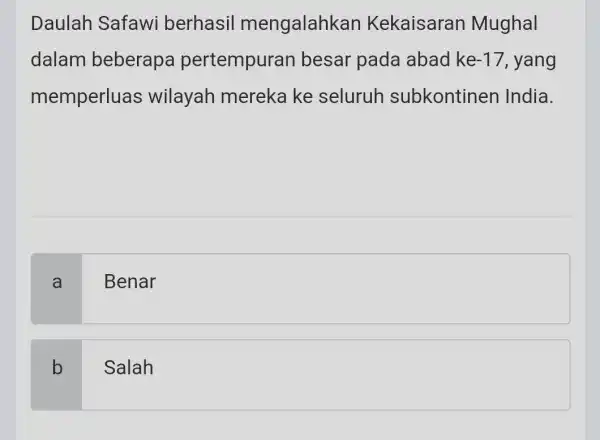 Daulah Safawi berhasil mengalahk an Kekaisaran Mughal dalam beberapa pertempuran besar pada abad ke -17 yang memperluas wilayah mereka ke seluruh subkontiner India. a