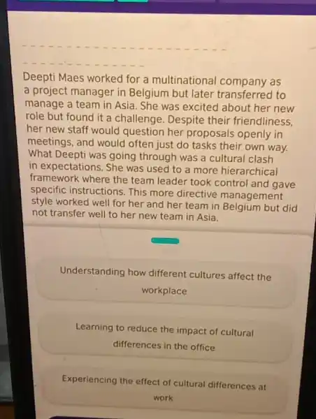 Deepti Maes worked for a multinational company as a project manager in Belgium but later transferred to manage a team in Asia. She was