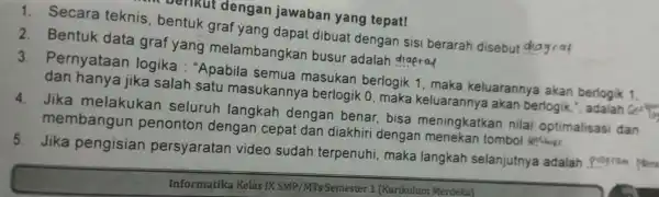 dengan jawaban yang tepat! 1. Secara teknis , bentuk graf yang dapat dibuat dengan sisi berarah disebut diagraf 2. Bentuk data graf yang melambangkan