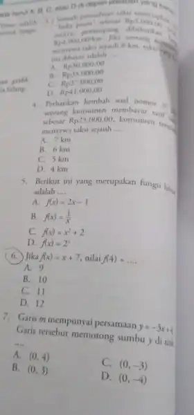 depan jawaban vang benar C. atau D di take Rp5.000,00 -baka pemumpang menetapkan : Rp4.000,00/km sejauh 8 km, taksi yang i. adalah __ A