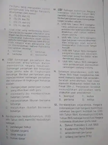 Derilaku yang merupakan ditunjukkan oleh nomor __ pengamalan sila ketiga Pancasila A. (1). (2), dan (4) B. (1), (3), dan (5) C (2). (3),