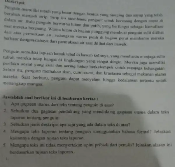 Deskripsi: Penguin memiliki tubuh yang besar dengan bentuk yang ramping dan sayap yang telah berubah menjadi sirip. Sirip ini membantu penguin untuk berenang dengan