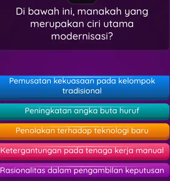 Di ba wah in i, manakah y and merupa kan c iri utam a mode rnisa si? Pemu satan kekua saan pada kelompok tradisional