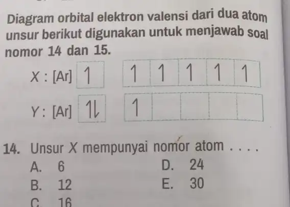 Diagram orbital elektron valensi dari dua atom unsur berikut digunakan untuk menjawab soal nomor 14 dan 15. 14. Unsur X mempunyai nomor atom __