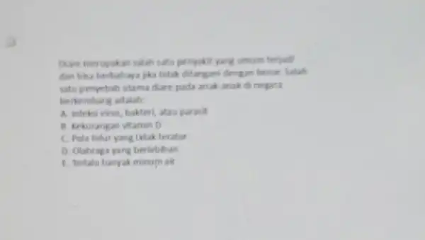 Diare merupakan salah satu pernyakit yang umum terjadi dan bita berbahaya jia tidak ditangani dengan benar Salah satu penyebub utama diare pada anak anak