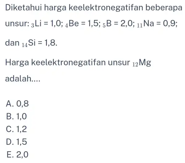 Diketahui harga keelektr onegatifan beberapa unsur: 3Li=1,0;Be=1,5;B=2,0;Na=0,9 dan (}_{14)Si=1,8 Harga keelektron egatifan unsur (}_{12)Mg adalah __ A. 0,8 B. 1,0 C. 1,2 D. 1,5