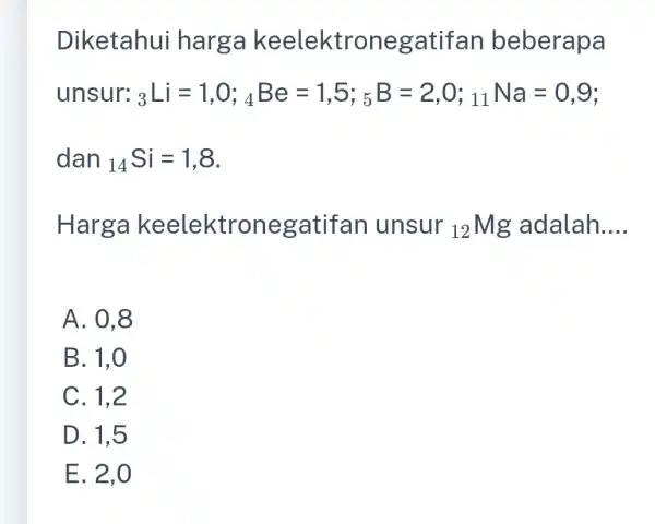 Diketahui harga keelektro negatifan beberapa unsur: 3Li=1,0;Be=1,5;B=2,0;Na=0,9 dan (}_{14)Si=1,8 Harga keelektro negatifan unsur (}_{12)Mg adalah __ A. 0,8 B. 1,0 C. 1,2 D. 1,5