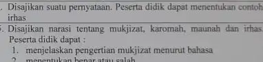 Disajikan suatu pernyataan Peserta didik dapat menentukan contoh irhas . Disajikan narasi tentang mukjizat, karomah, maunah dan irhas Peserta didik dapat : 1. menjelaskan