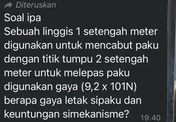 a) Diteruskan Soal ipa Sebuah lingg is 1 setengah m eter digunakan untuk menc abut paku dengan titik 2s etengah meter untuk m elepas