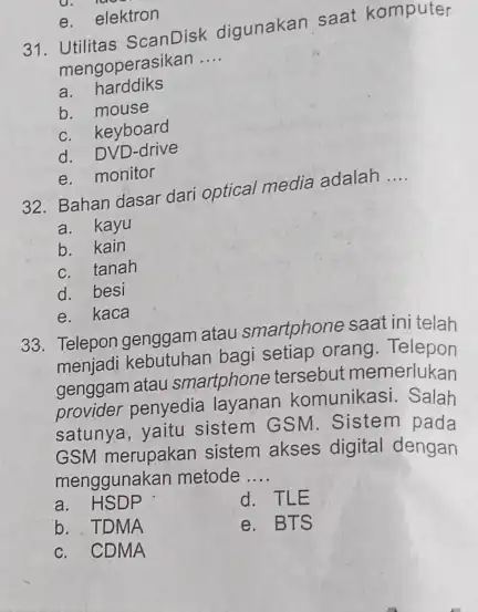 e. elektron ScanDisk digunakan saat komputer mengoperasikan __ a. harddiks b. mouse c. keyboard d. DVD-drive e. monitor 32. Bahan dasar dari optical media